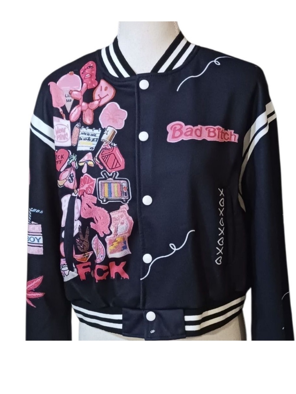 Flamingo Pink and Black Varsity Style Jacket